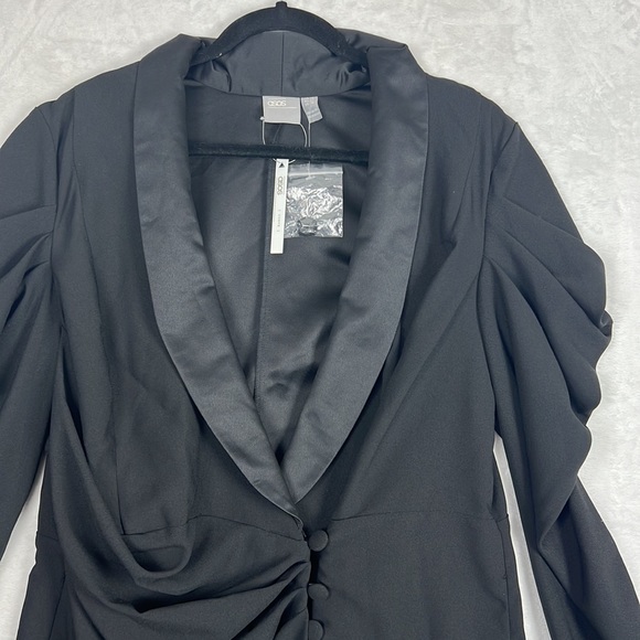 ASOS Curve Black Drape Ruched Long Sleeve Deep Vneck Sexy Tux Blazer Mini Dress - Picture 3 of 16